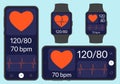 Heartbeat or pulse tracker, blood pressure monitor app on the Smart phone and Smart watch screen. Fitness application deign.